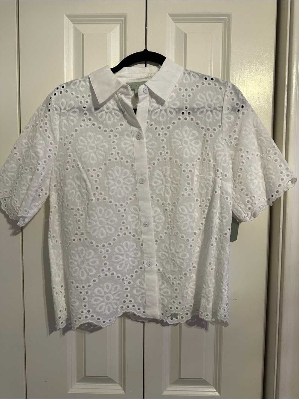White Eyelet Button-Down Shirt with Floral Embroidery